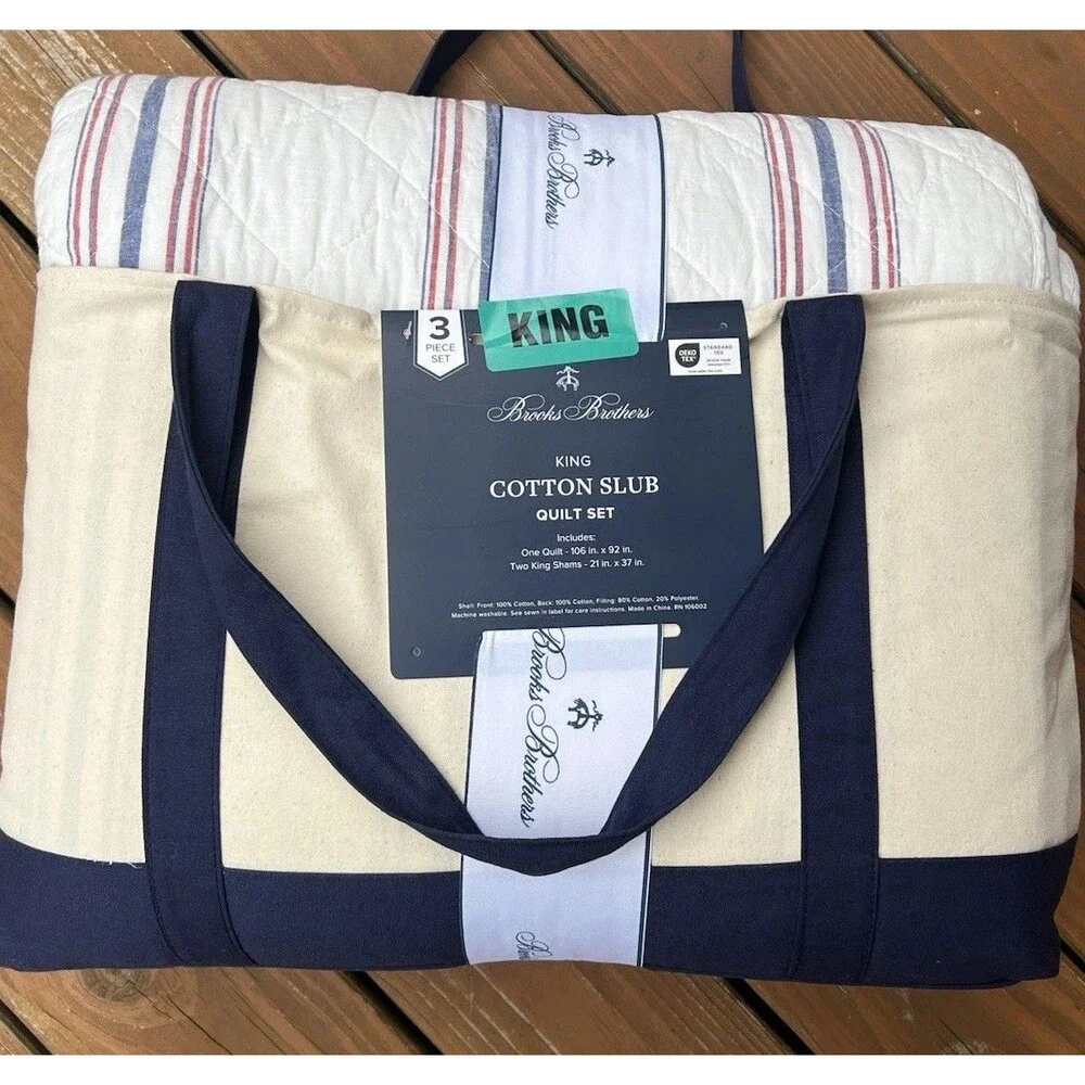 Brooks Brothers Blue Red White Stripes King Cotton Slub Quilt Set 106x92” New